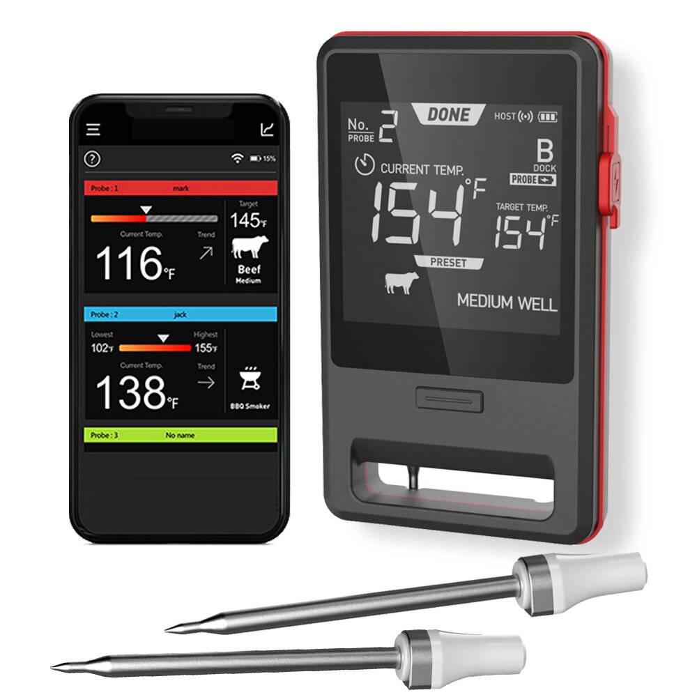 

AGSIVO bluetooth Wireless Food Meat Thermometer with 2 Meat Probes 165ft Long Range Digital Thermometer Smart Alert for