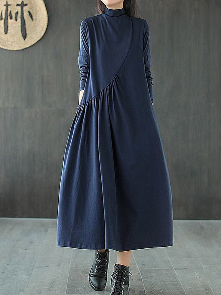 Women Pleated Solid Color Long Sleeve High Neck Casual Dress