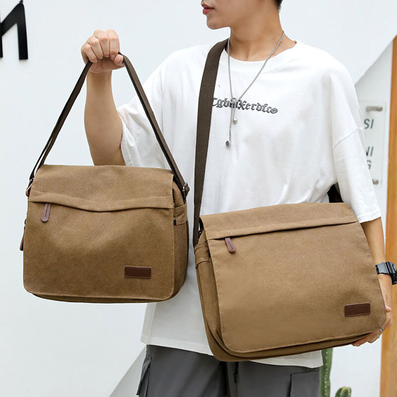 Men Retro Canvas Front Zipper Pocket Crossbody Shoulder Bag Extensible Design Casual Travel Bag