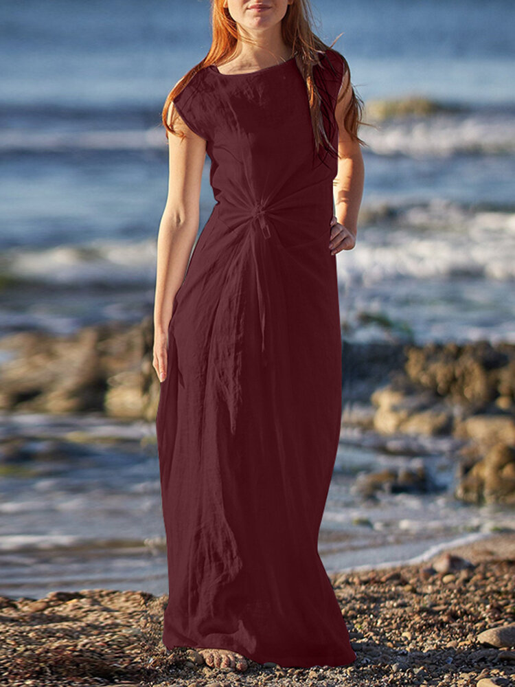 Sleeveless Solid Round Neck Ruched Hollow Out Maxi Dress