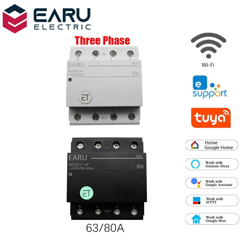 

EARU Smart Light Switch WIFI 63/80A Three Phase Circuit Breaker Timer Relay Switch Voice Remote Control Works With Tuya
