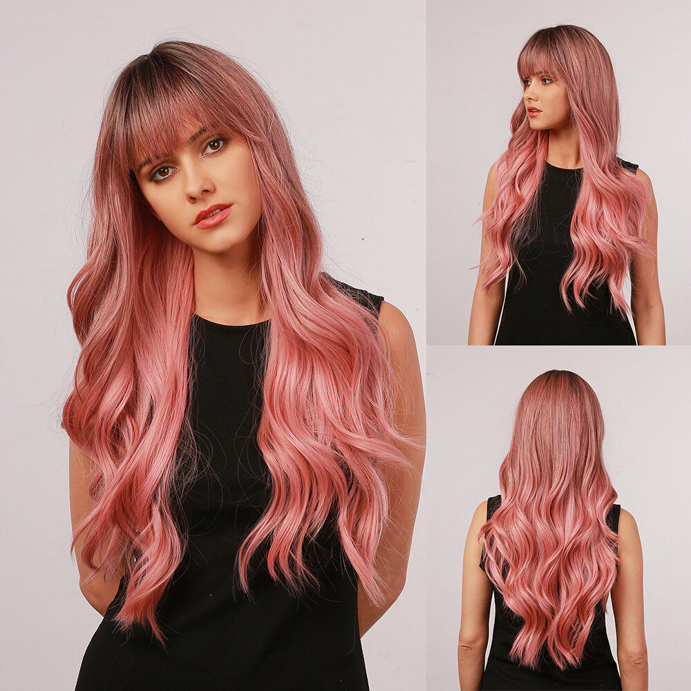 

28 Inch Brown Gradient Pink Big Wave Length Curly Hair Air Bangs Christmas Full Head Cover Wig