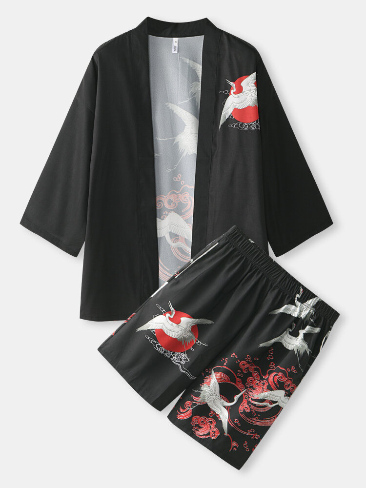 Heren Chinese stijl kraan print open voorkant kimono tweedelige outfits