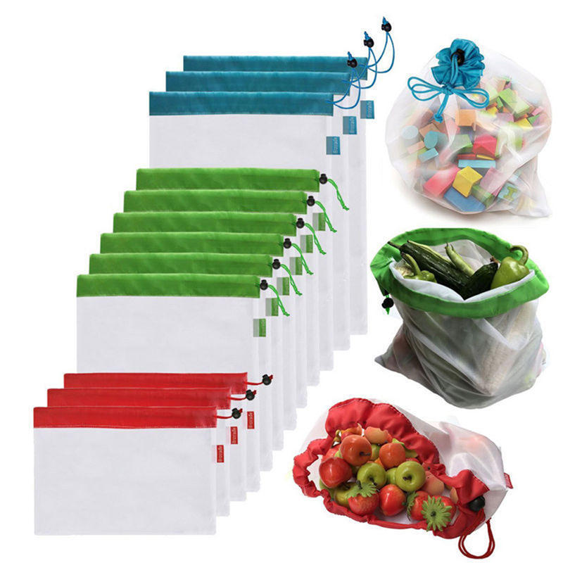 5 ανακυκλώσιμες τσάντες αποθήκευσης σε σχήμα δικτύου για ψώνια, φρούτα, λαχανικά και παιχνίδια