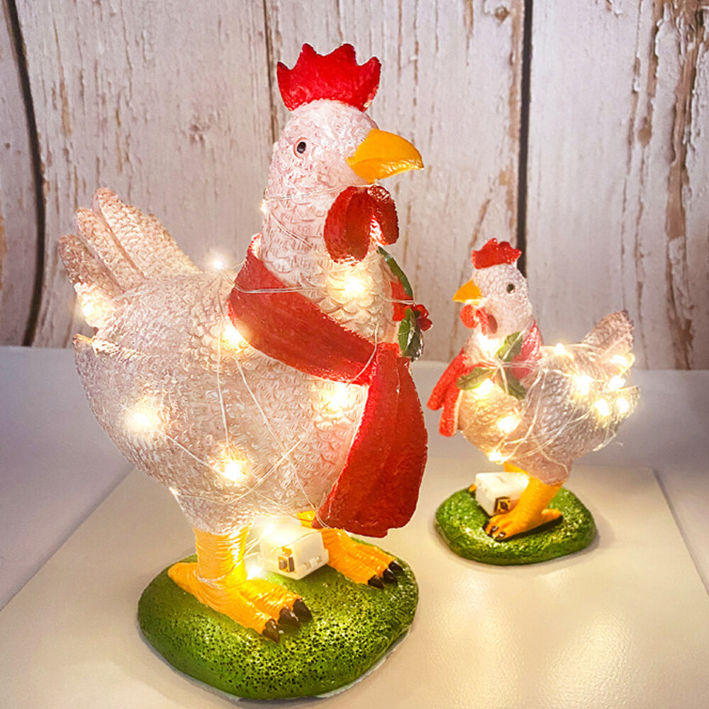 Creative 3D Light Up Chicken with Scarf Lawn Ornament with Led Lights Lump Scarf Rooster Resin Sculp