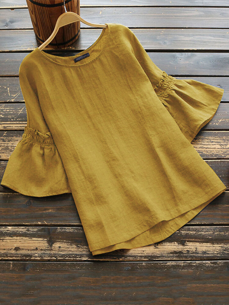 Dames Vintage effen katoenen hoge lage zoom casual losse geplooide blouse