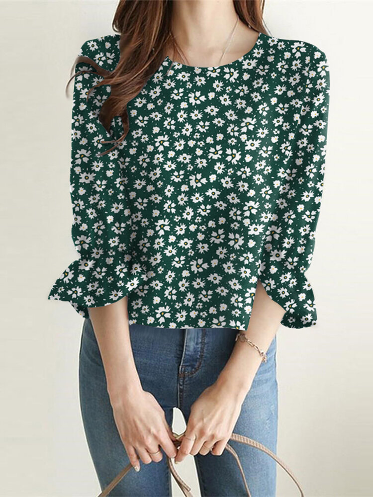 Allover bloemenprint blouse met ronde hals en 3/4 mouwen