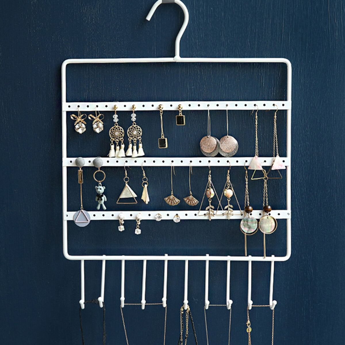 

72 Holes 10 Hooks Wall Hanging Earring Jewelry Display Stand Storage Rack Metal Hanging Shelf With Hooks Space Save Jewe