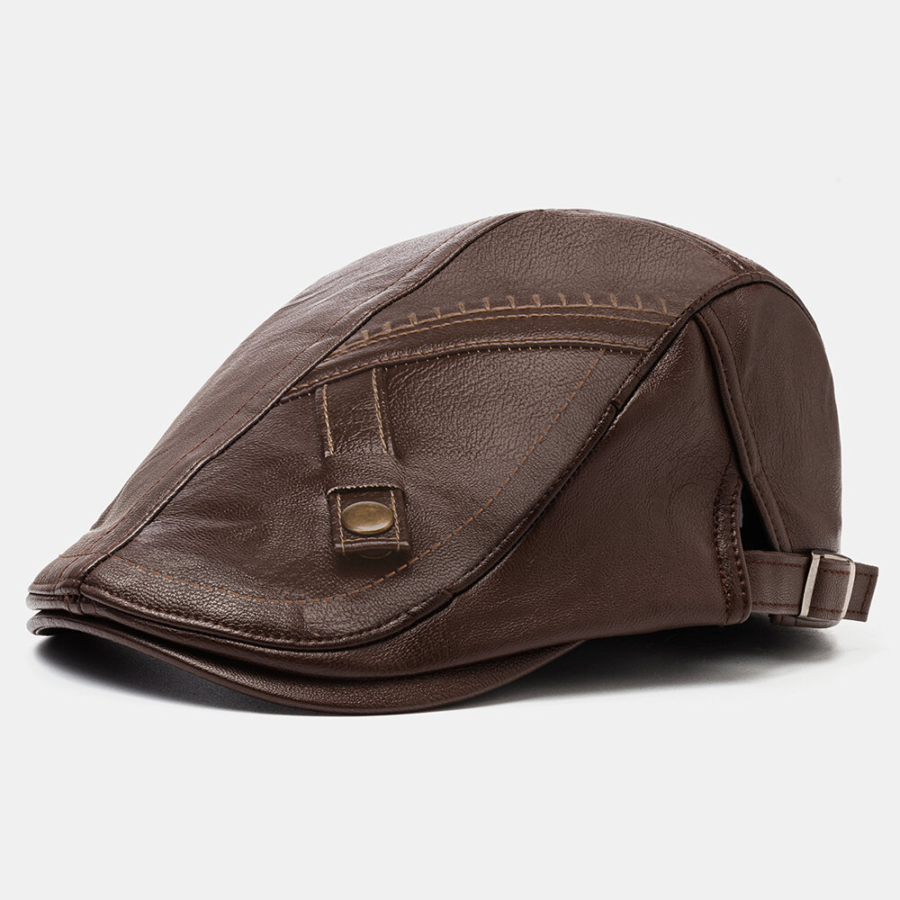 Collrown Men PU Leather Solid Color Casual Vintage Adjustable Forward Hat Beret Hat