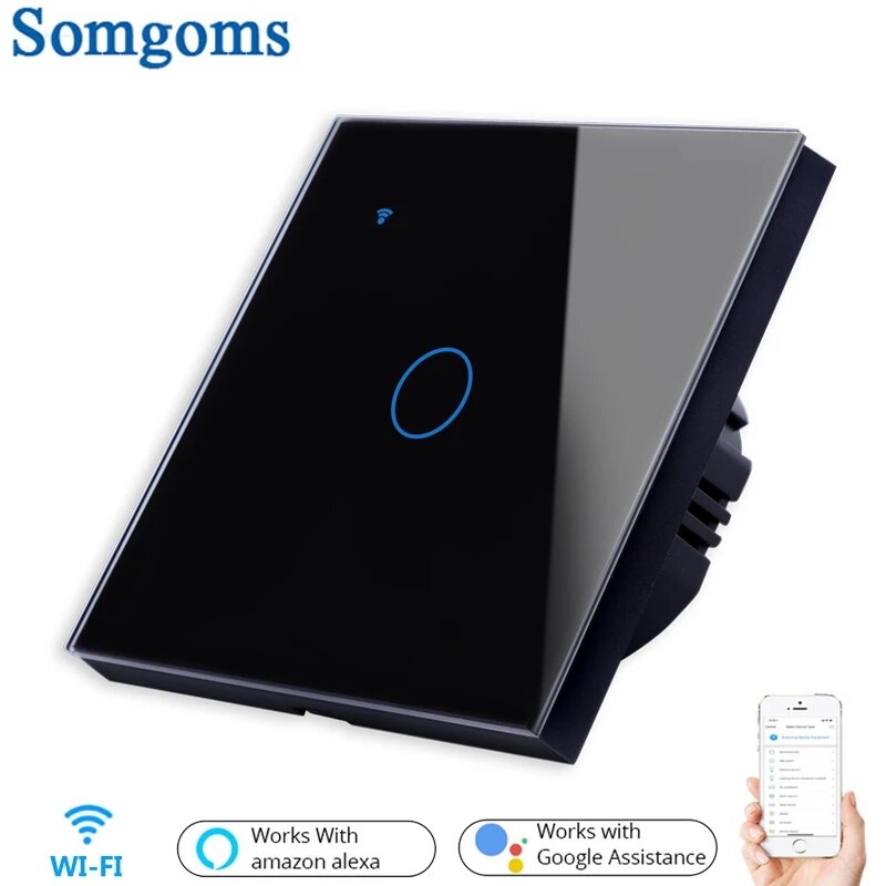 Somgoms SM-11W-EU Tuya WiFi Wireless 1Gang 2 Way Smart Wall Touch Switch AC 100V/220V Wireless Wall 