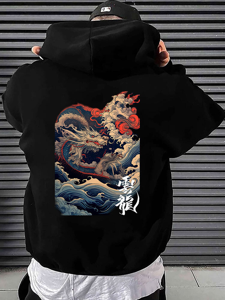 

Mens Japanese Wave Dragon Ukiyoe Print Long Sleeve Hoodies