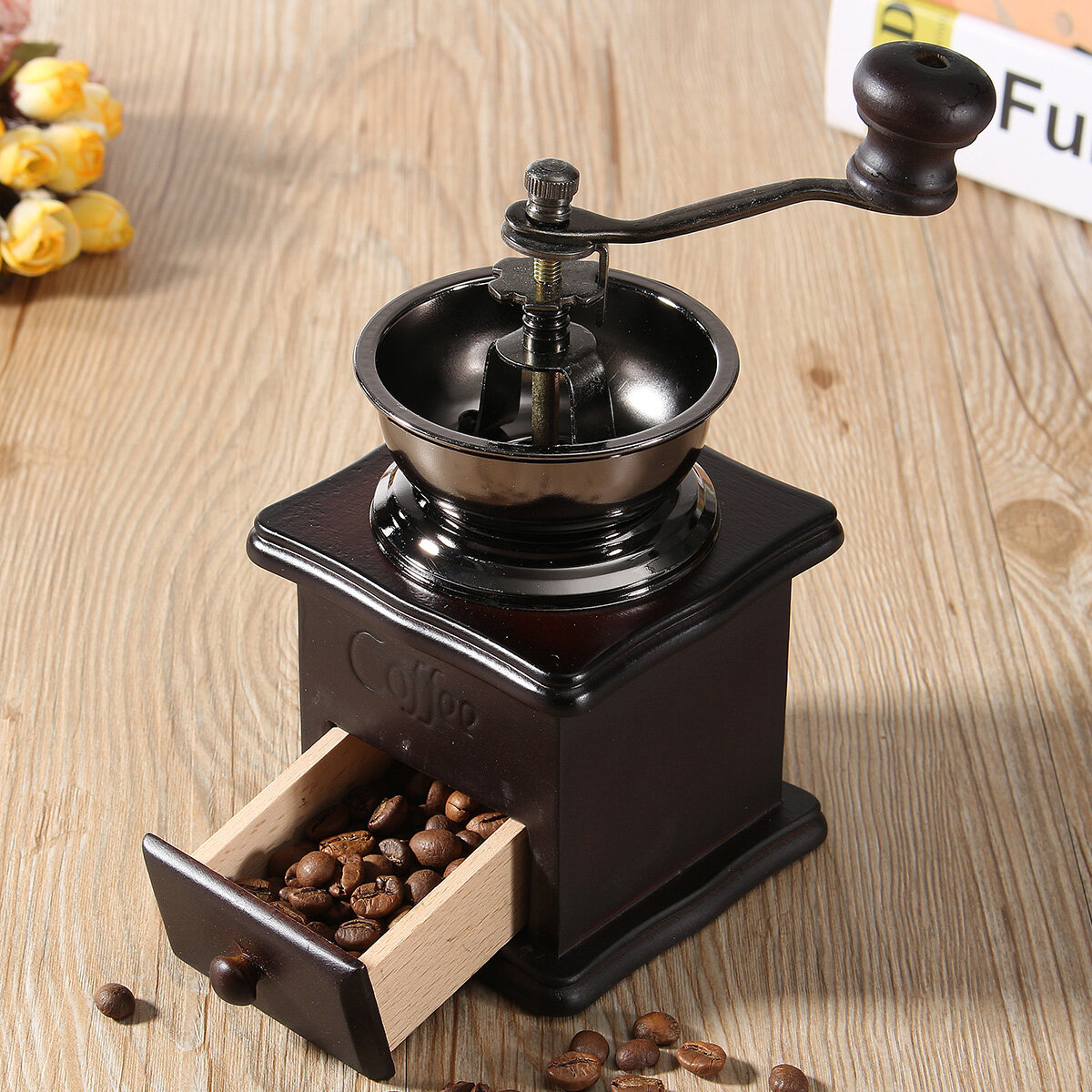 手動コーヒー豆粉砕機スパイスハーブビンテージレトロハンド研削ツール木製バーミル