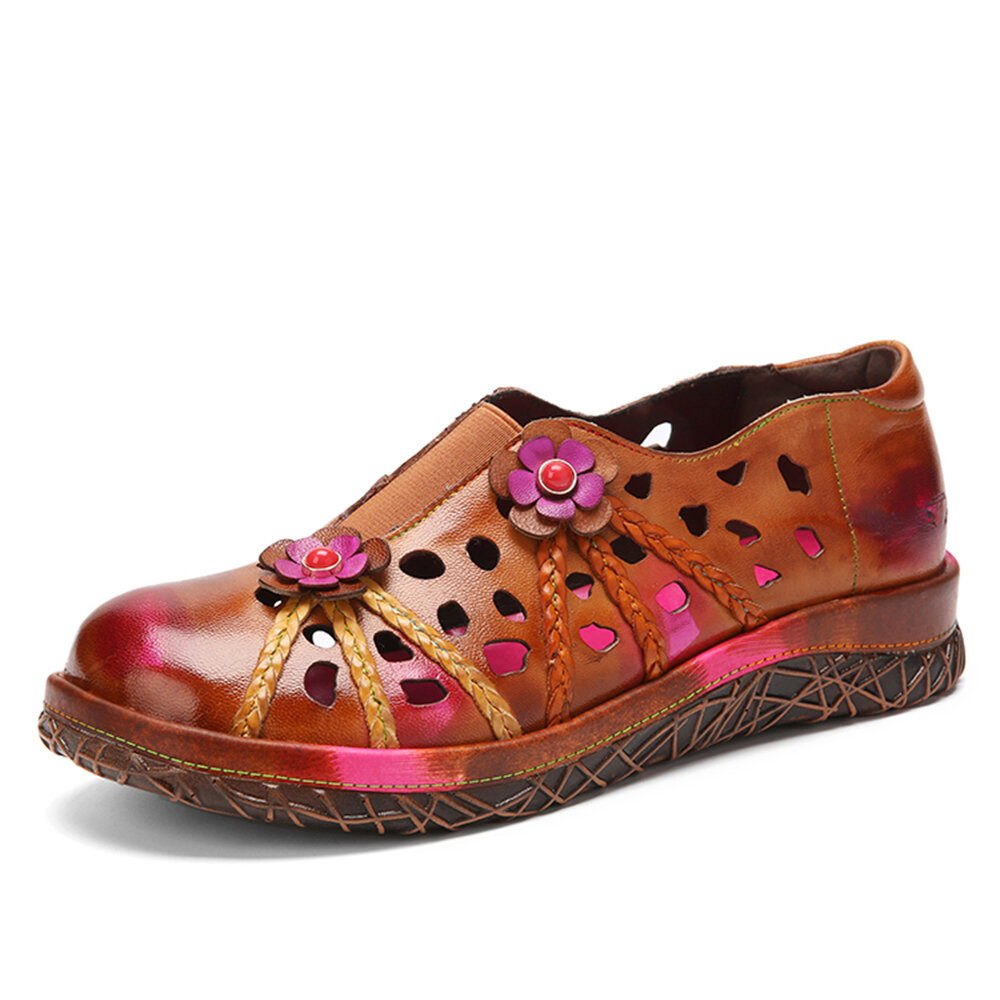 Socofy Genuine Leather Handmade Woven Comfy Breathable Hollow Ethnic Floral Embellished Flat Shoes