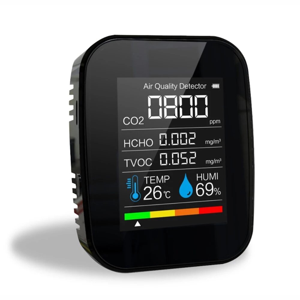 

5 in 1 CO2 Meter Digital Temperature Humidity Sensor Tester Air Quality Monitor Carbon Dioxide Formaldehyde TVOC HCHO De