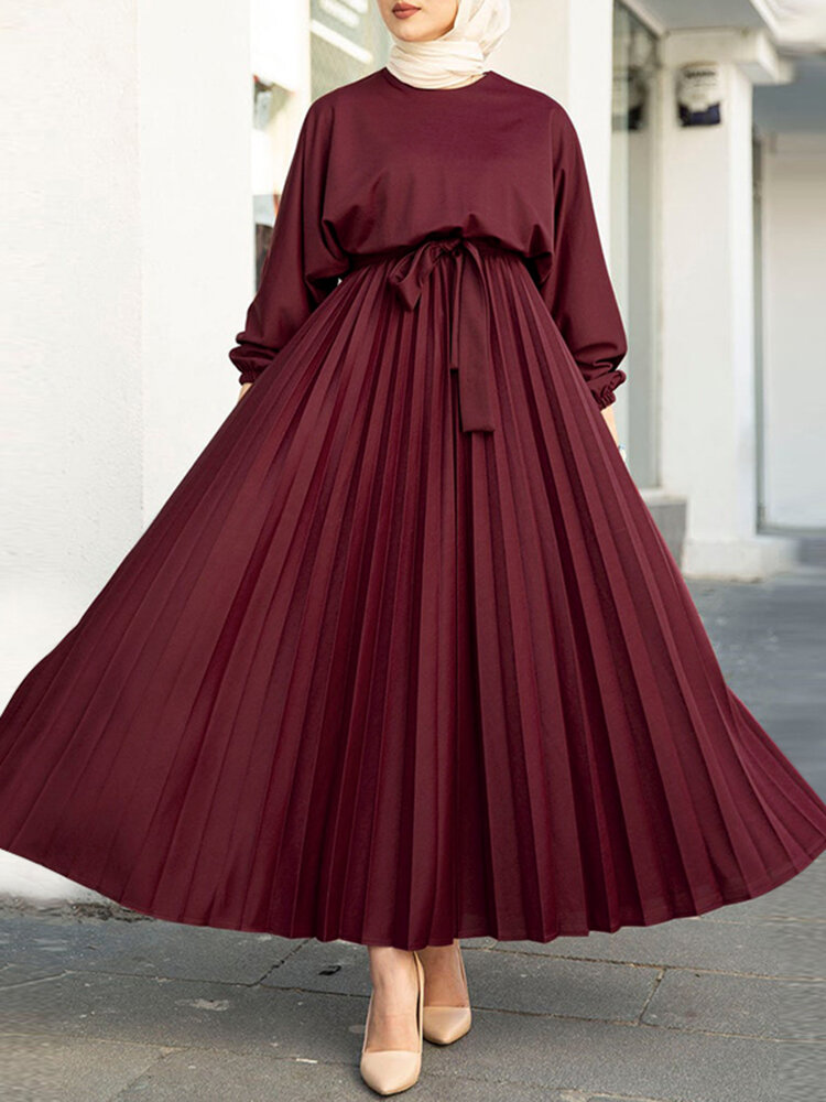 Women Abaya?Kaftan Puff Sleeve Solid Pleated Ankle Length Maxi Dresses