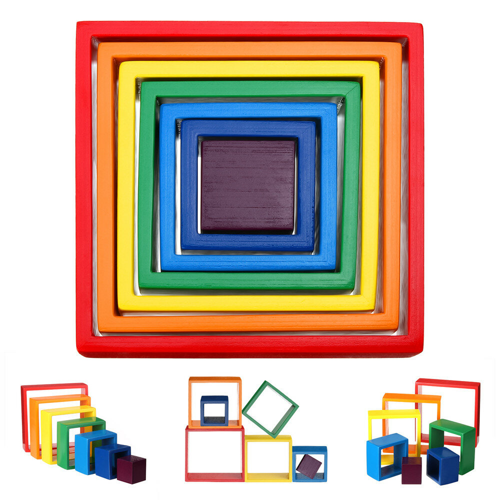 Vierkante 7-delige 6,1 x 6,1 x 1,73 inch houten regenboog stapelspeelgoed genestelde stapelspellen bouwstenen