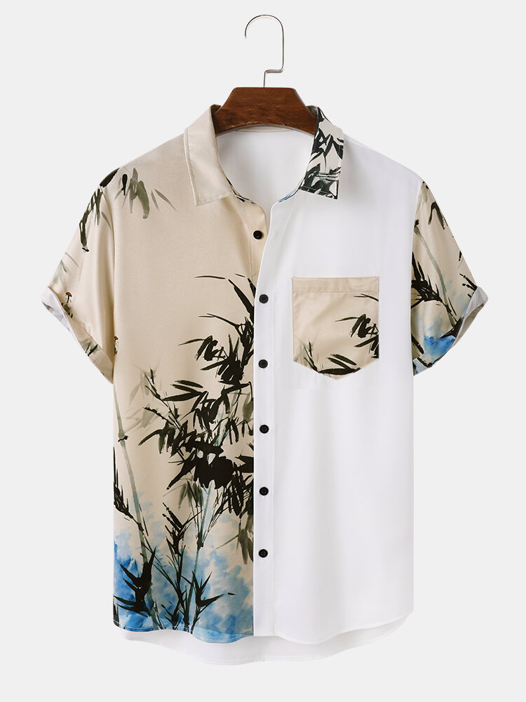 

Mens Ink Bamboo Print Patchwork Button Up Short Sleeve Shirts