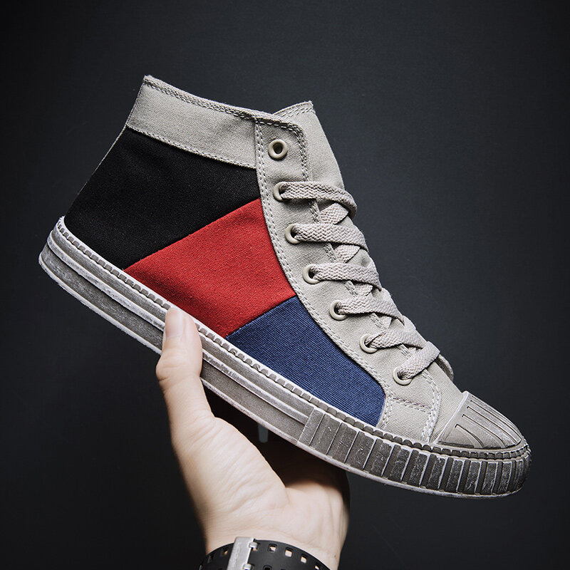 55% OFF on Men Colorblock Canvas High Top Lace Up Sports Casual Trainers