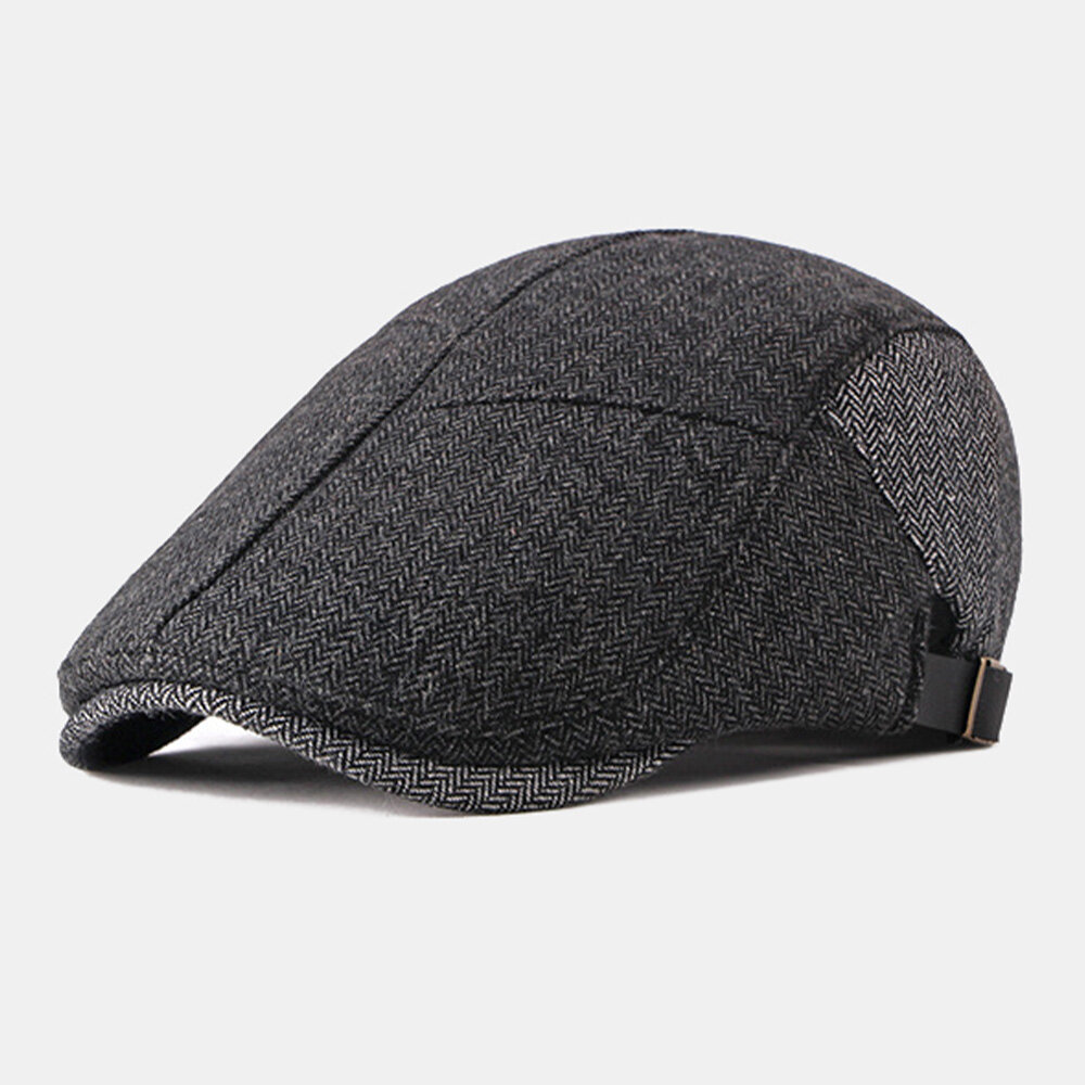 

Men Herringbone Color Matching Autumn Winter Warm Woolen Beret Cap British Retro Adjustable Plus Velvet Forward Hat