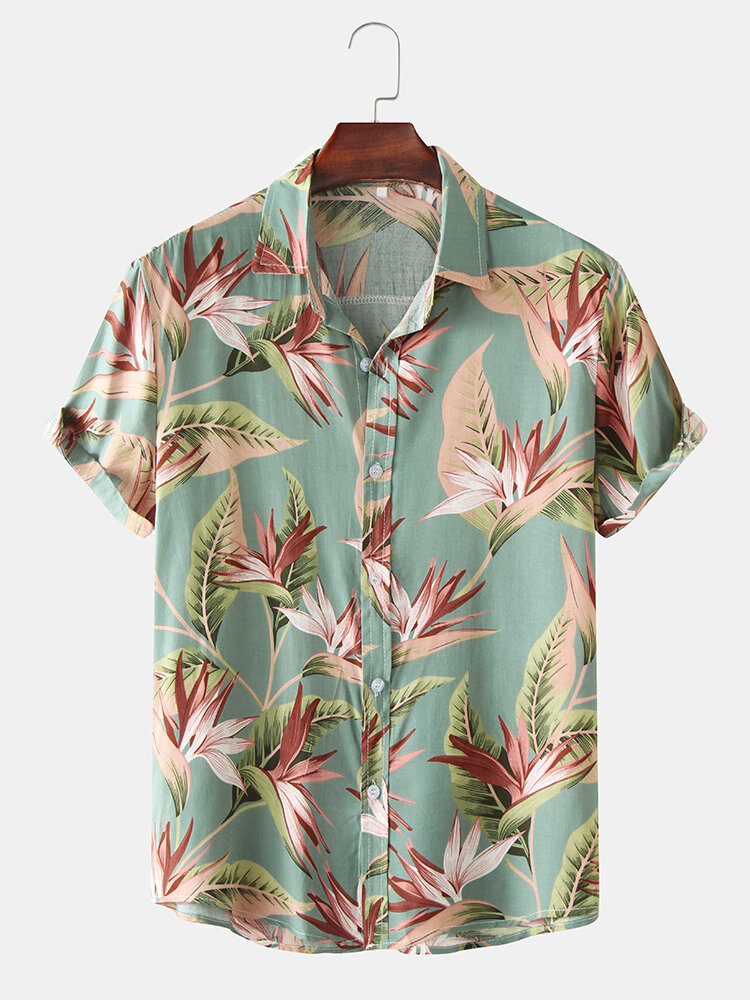 Mannen katoen bloemenprint kraagvorm Hawaii Holiady shirts met korte mouwen