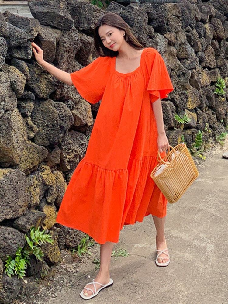 

Flare Sleeve Bohemian Square Neck Solid Loose Dress For Women