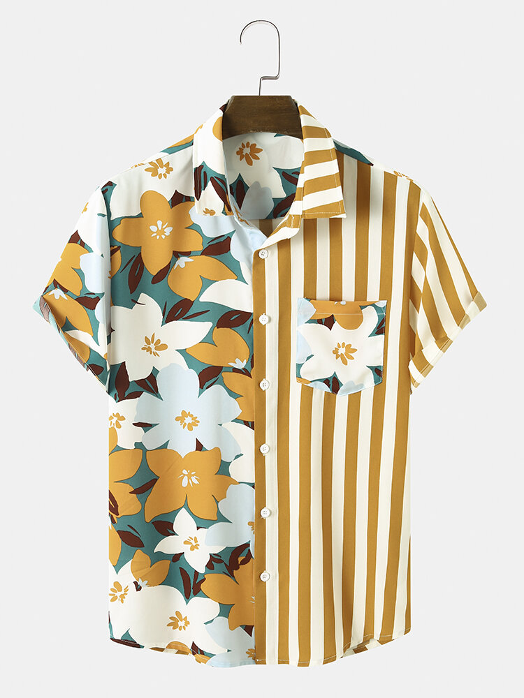 Floral Stripe Print Patchwork Holiday Short Sleeve Shirts Sale - Banggood USA