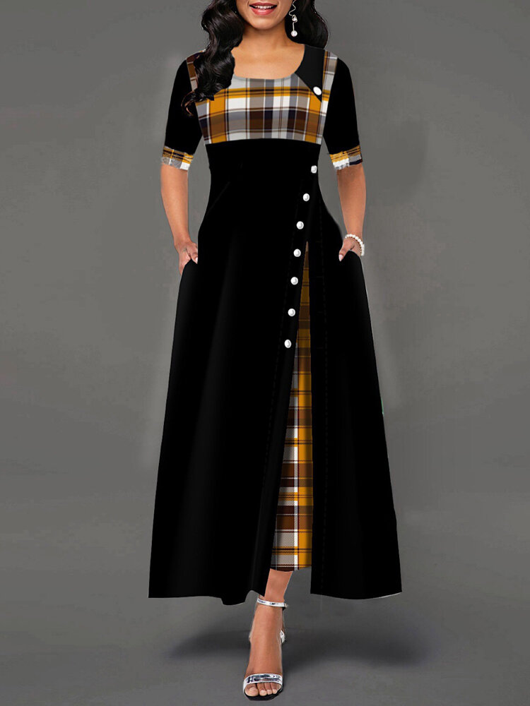 Casual geruite patchwork maxi-jurk met korte mouwen en split met schommelzoom