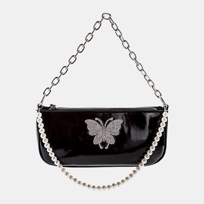 Women PU Leather Pearls Rhinestone Chain Butterflies Pattern Small Square Bag Handbag Shoulder Bag