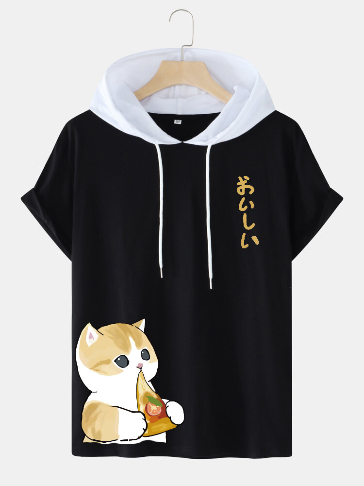 Heren Pizza Cat Japanse print T-shirts met korte mouwen en capuchon