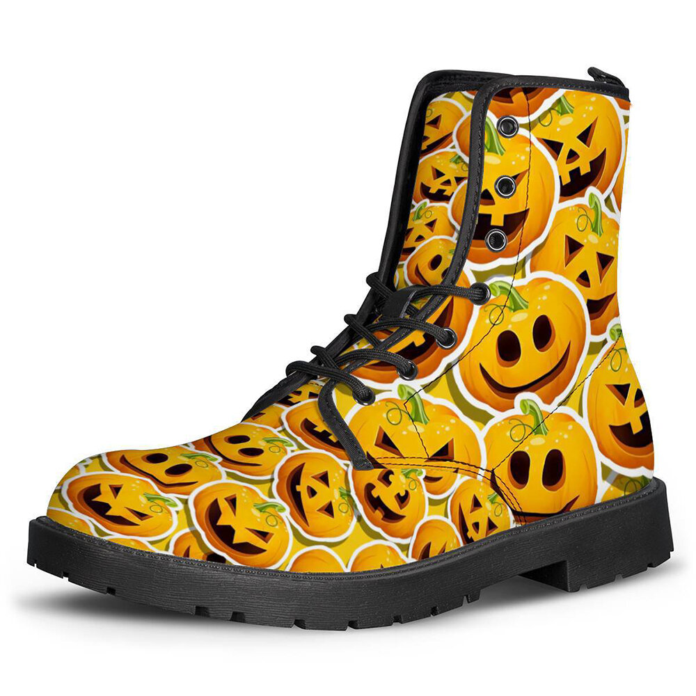 

Men Leather Halloween Pumpkin Printing Soft Sole Non Slip Comfy Casual Martin Boots