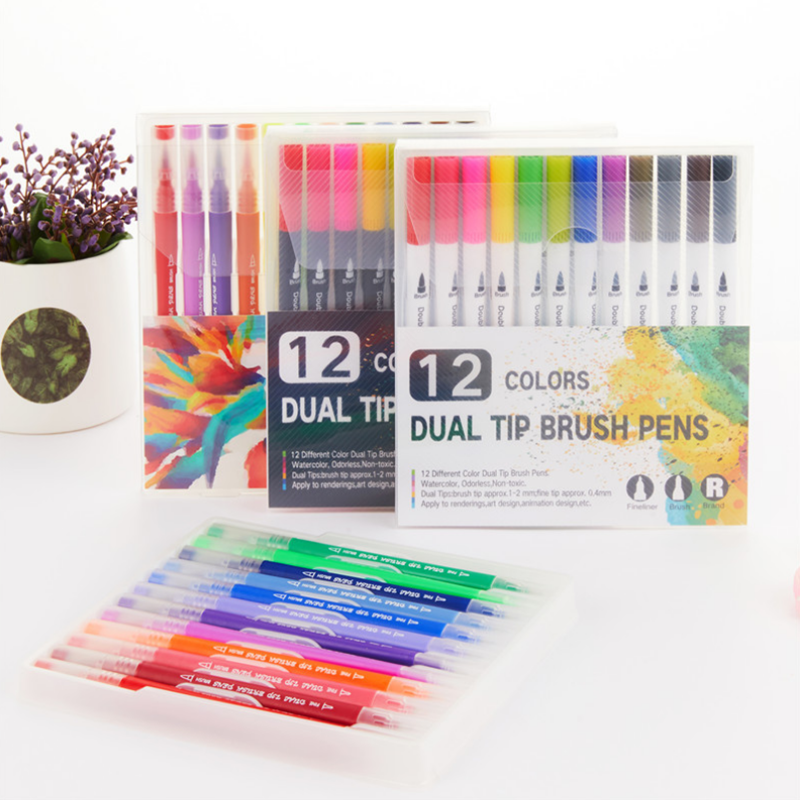 12 kleuren Soft dubbele kop aquarel pen dubbele tip borstel pen set haak lijn pen kunst tekenpen kan