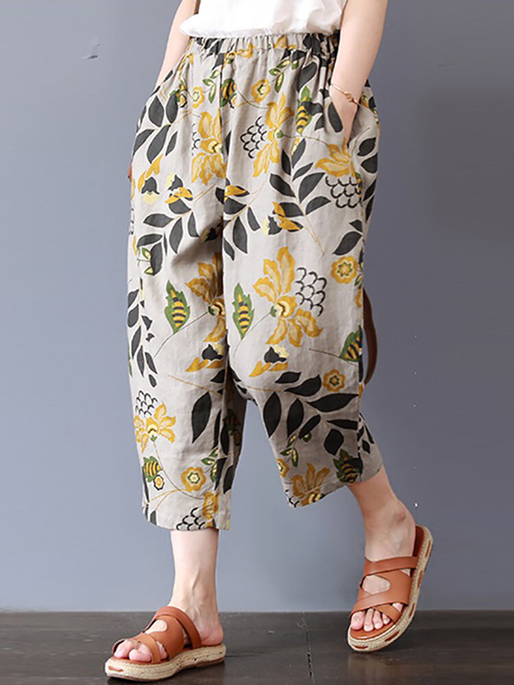 Vintage Women Floral Print Elastic Waist Pants with Pockets