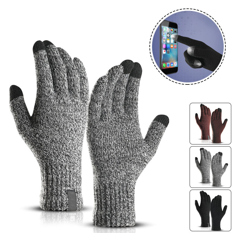 Winter Knitted Wool Touch Screen Gloves Men Warm Short Plush Lining Full...