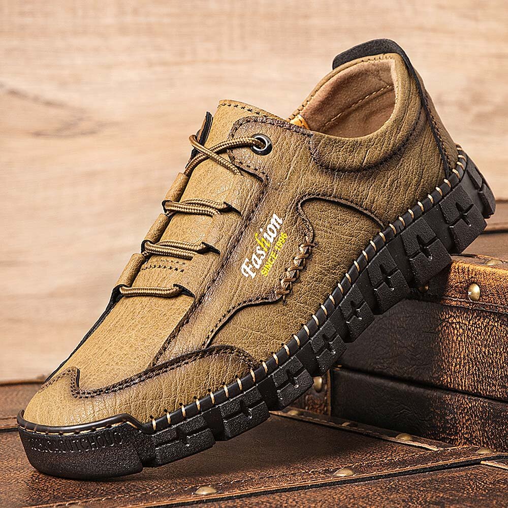 Men Hand Stitching Non Slip Lace Up Casual Cow Leather Shoes