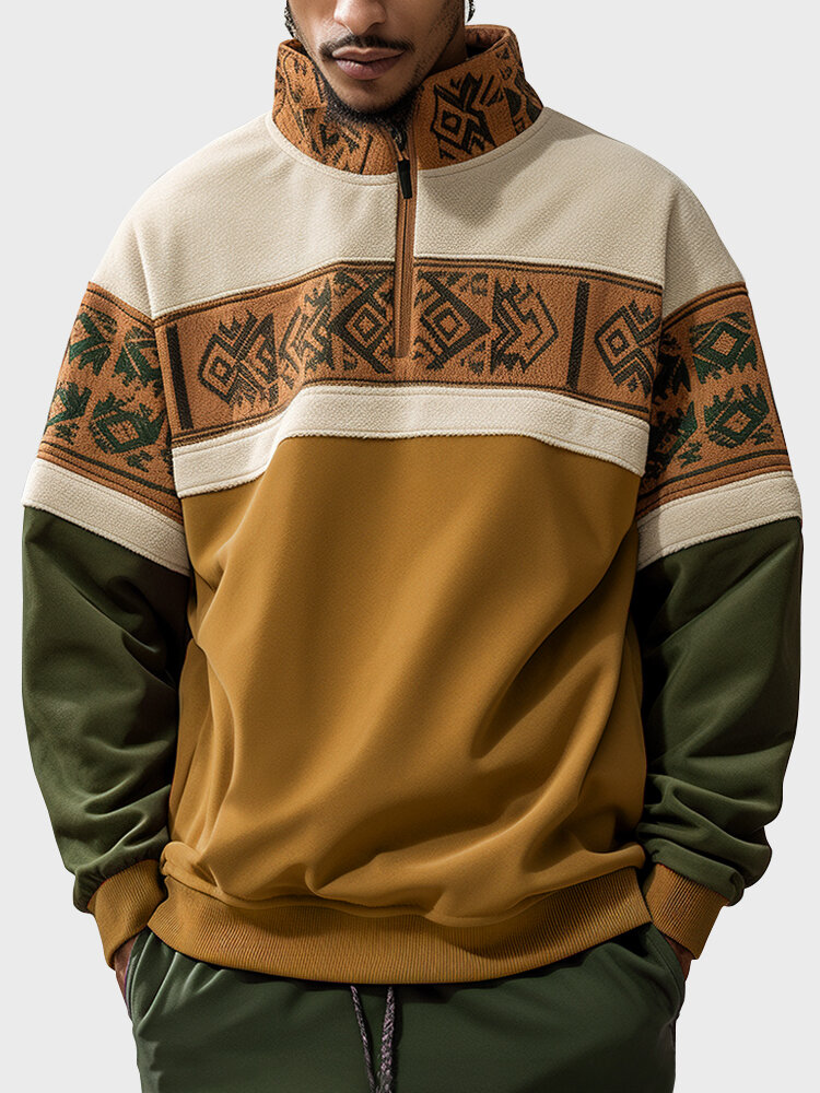 Mannen Etnisch Geometrisch Patroon Patchwork Half Zip Pullover Sweatshirts