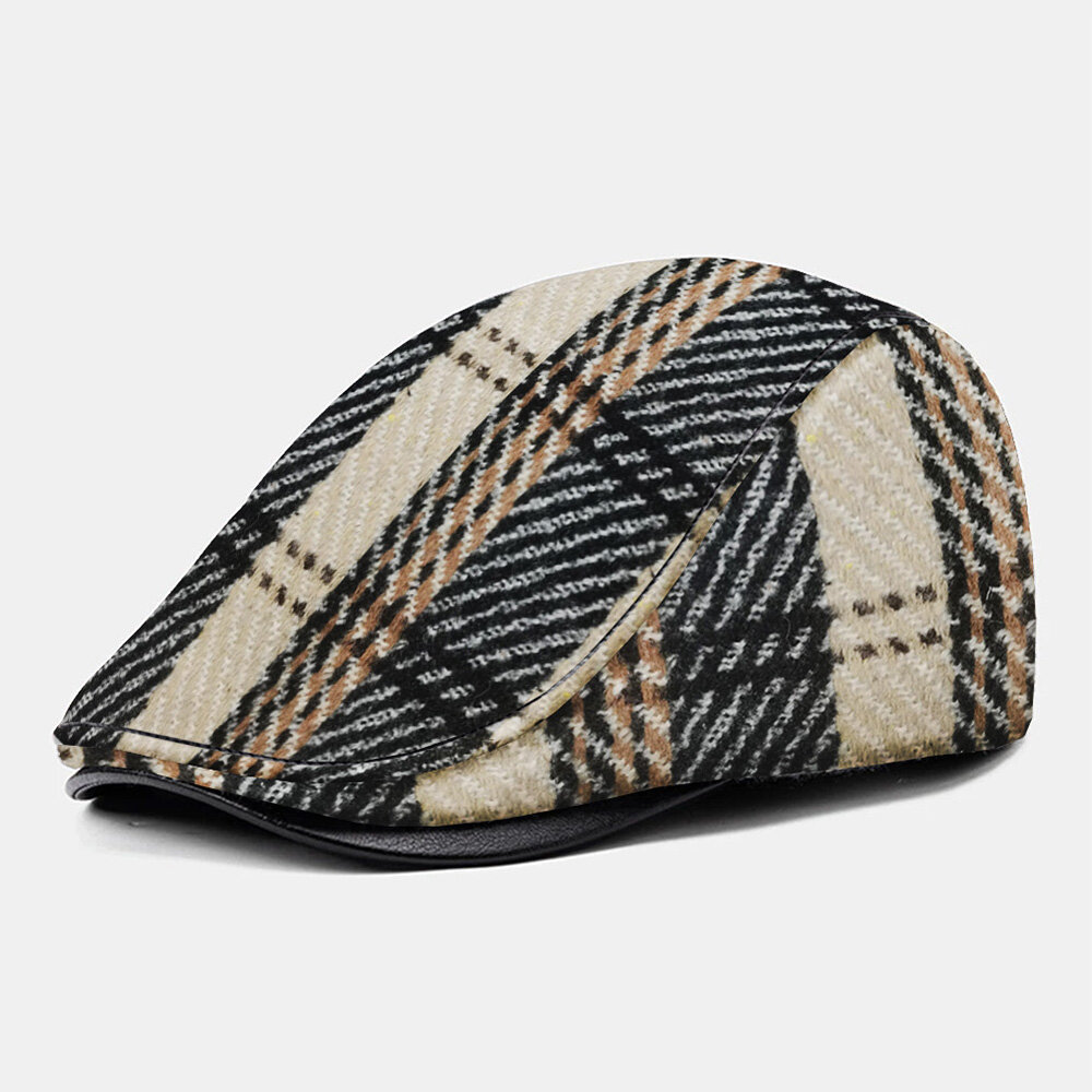 

Collrown Men Earflap Hat Stripe Lattice Autumn Winter Ear Protection Windproof Warm Berets Cabbie Hat