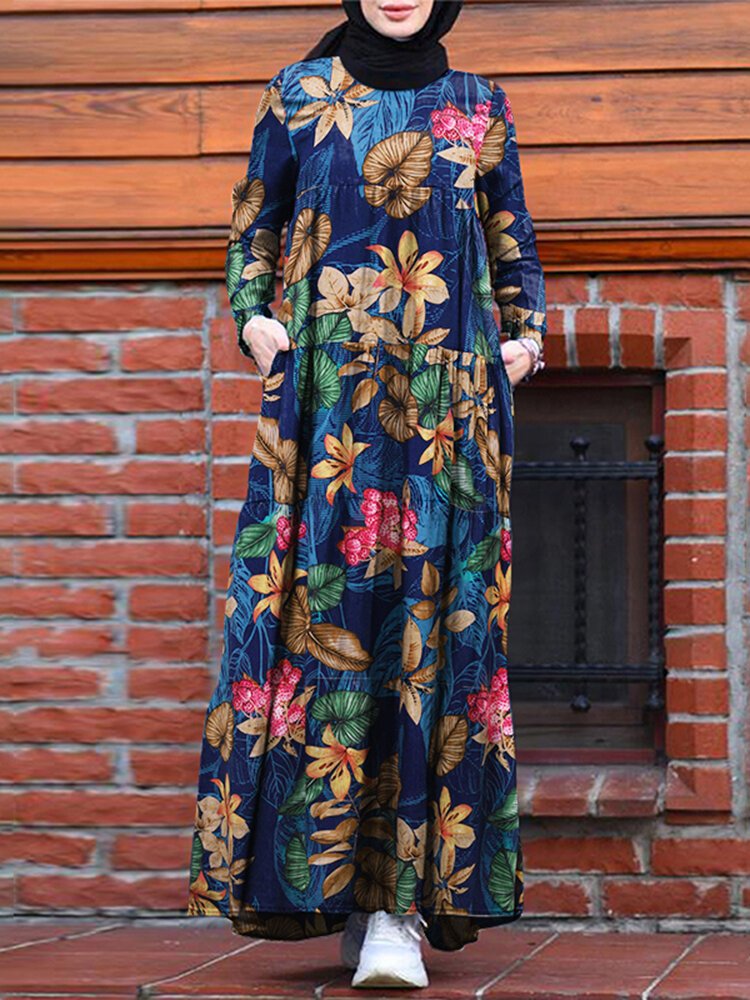 Women Casual Robe Kaftan Floral Loose Long Sleeve Outing Dress with Side Pockets