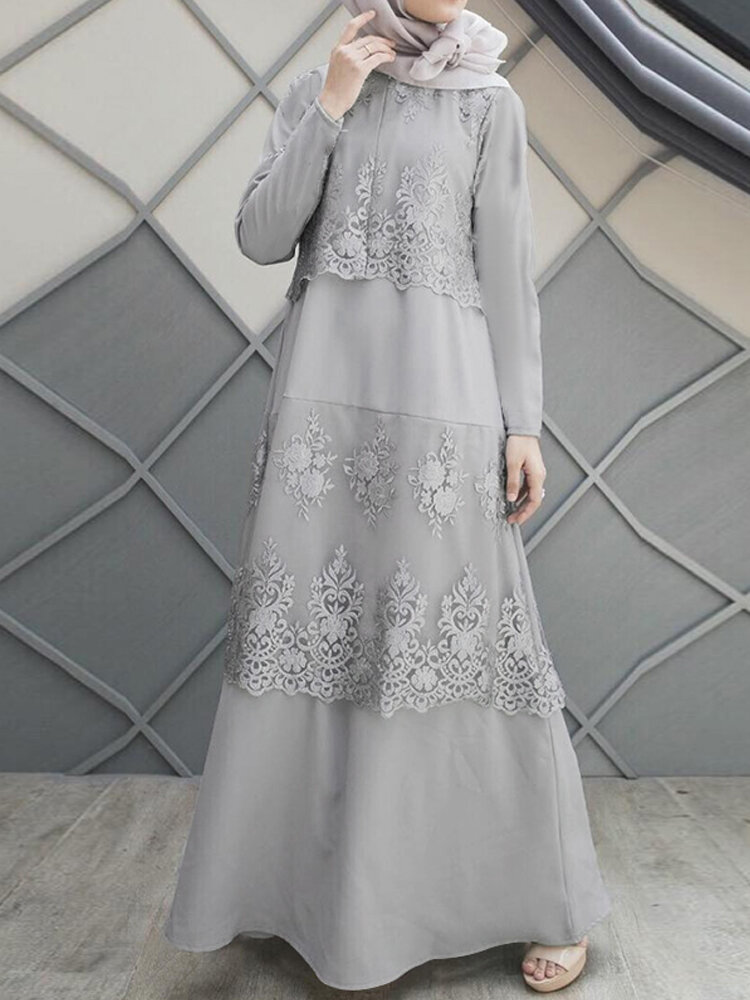 Lace Stitching A-Line O-Neck Solid Color Long Sleeve Muslim?Dress?Abaya?Kaftan For Women