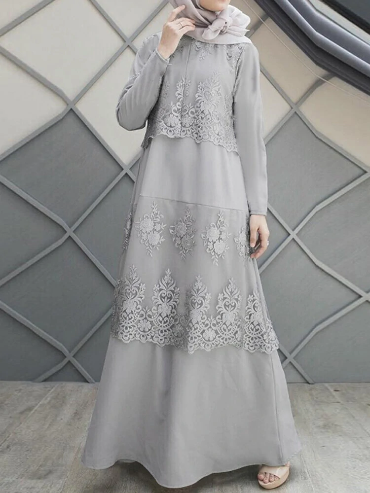 Lace stitching a-line o-neck solid color long sleeve muslim dress abaya kaftan for women