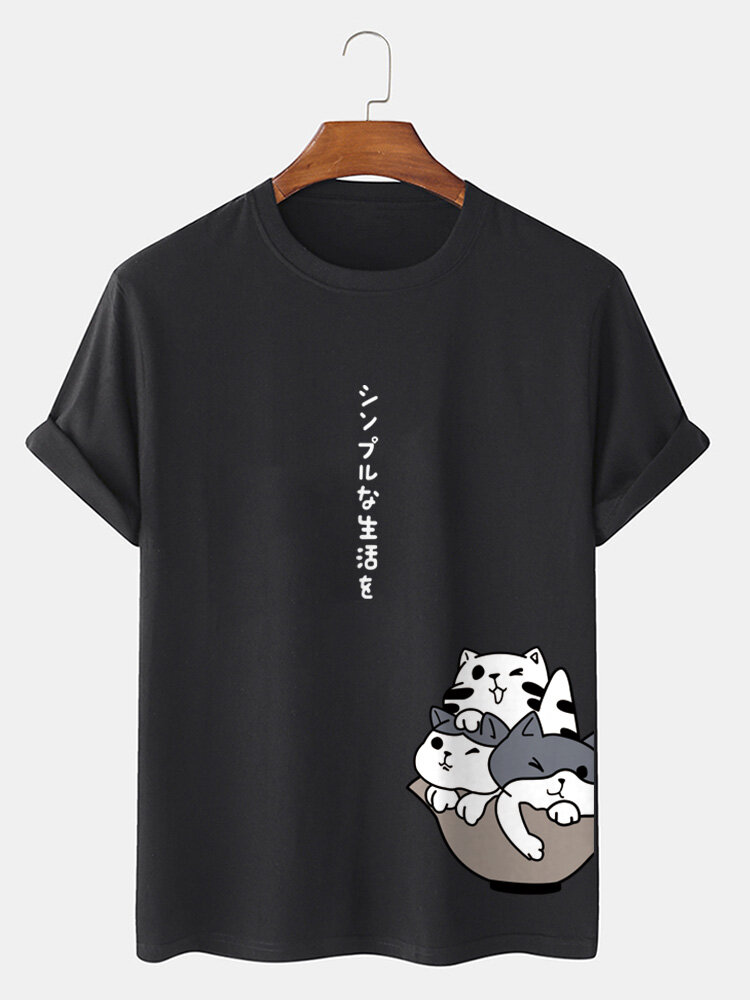 Mens Japanese Cute Cat Side Print Cotton Short Sleeve T-Shirts