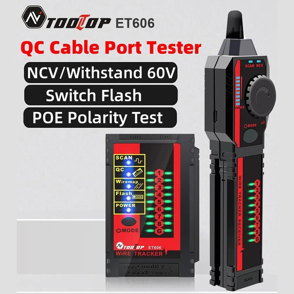 

TOOLTOP ET606 Network Cable Tester POE Test 3KM Digital Cable Tracing Cross Short Circuit Checking Crystal Port RJ45/RJ1