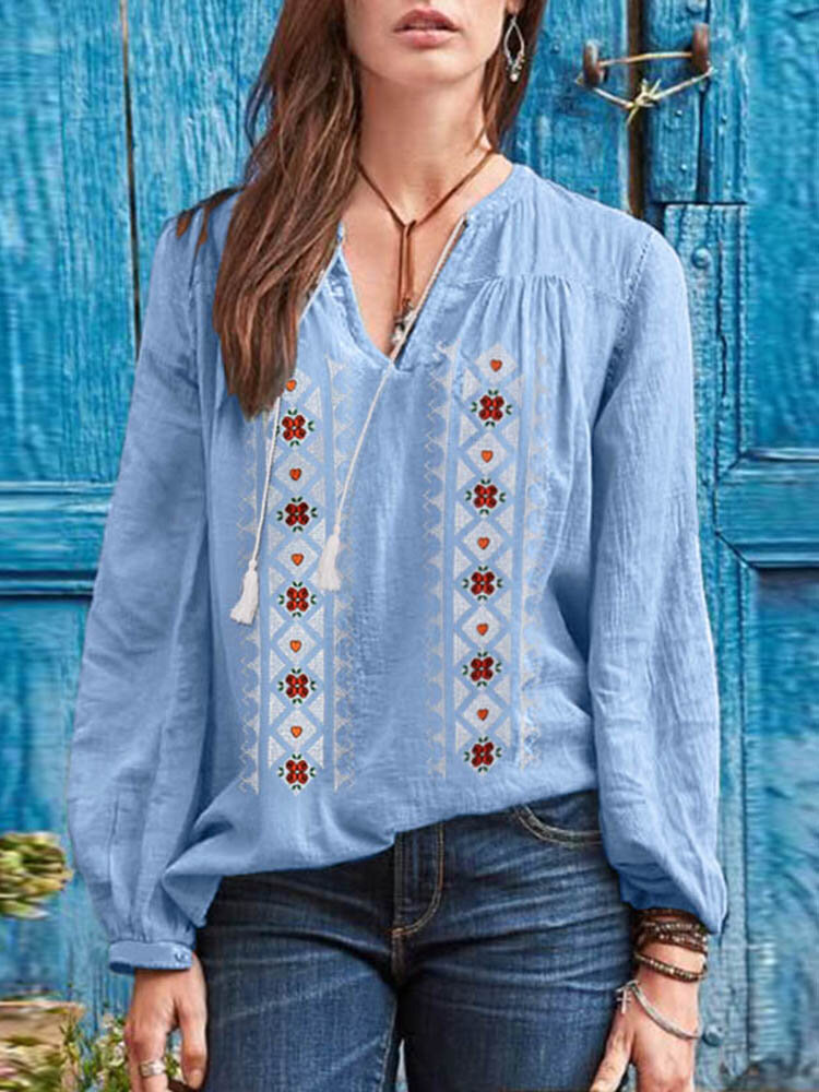Women 100% Cotton Tassel Floral Embroidery Bohemian Button Cuffs Blouses