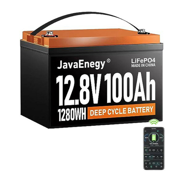 [US Direct] JavaEnegy 12V 100Ah Lifepo4バッテリーパック（Bluetooth＆APPモニターおよびヒーティング機能付き） 12V 24V 48VソーラーストレージEV RVボート用の100A BMSリチウム鉄リン酸バッテリー トローリングモーター、キャンピングカー、ソーラー/風力発電システムに最適