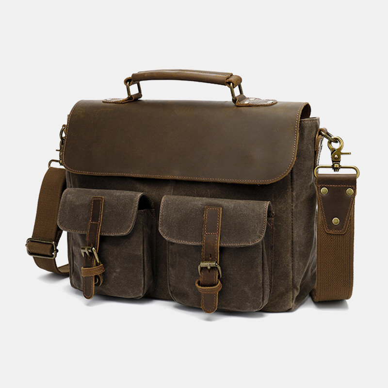 Men Vintage Multi-pockets Wear-Resistant Genuine Leather Briefcase Crossbody Shoulder Bag