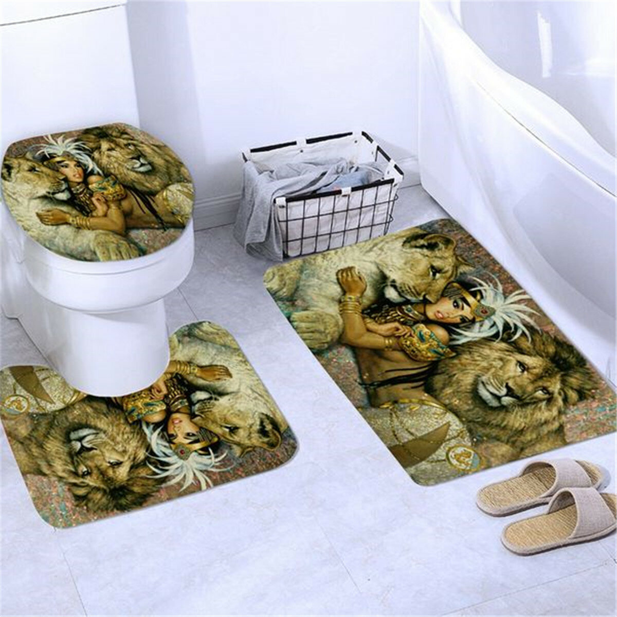 African Quee Lion Waterproof Shower Curtain Anti-skid Bath Rugs Carpet Toilet Lid Cover Bath Mat Set