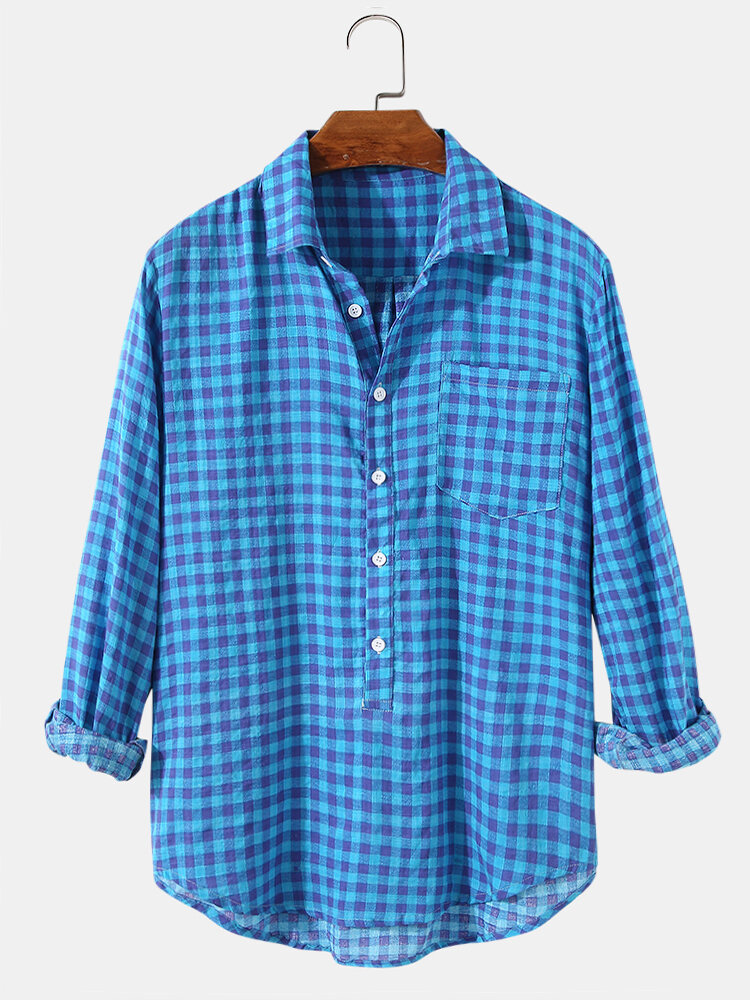 

Mens 100% Cotton Classic Blue Plaid Print Pocket Curved Hem Long Sleeve Henley Shirts