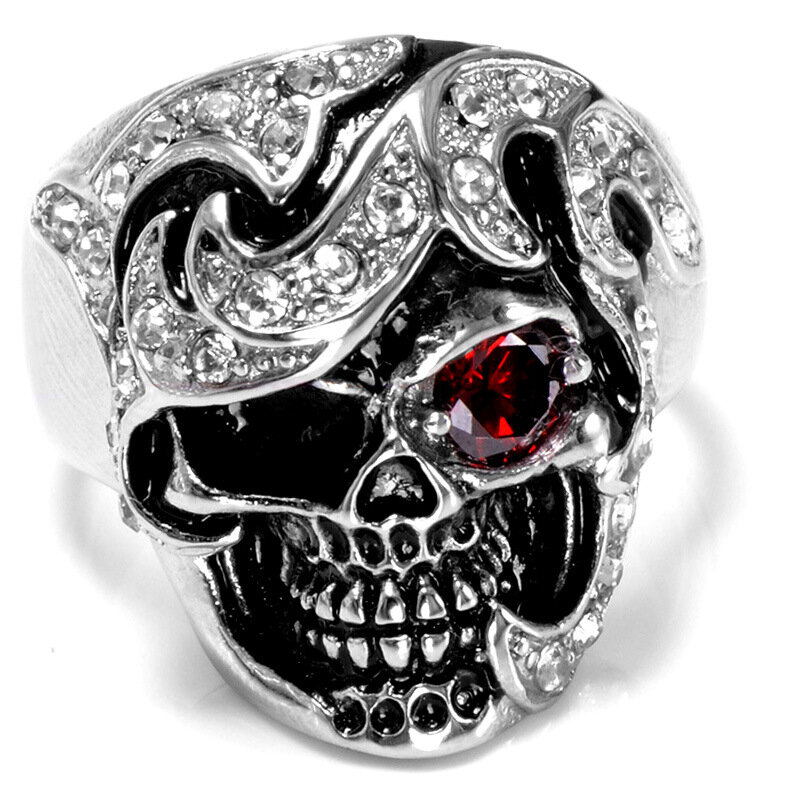Halloween Fashion Jewelry Stainless Steel Skull Head Zircon Ring for Men
