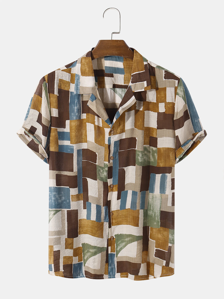 

Mens 100% Cotton Geometry Color Block Revere Collar Short Sleeve Shirt