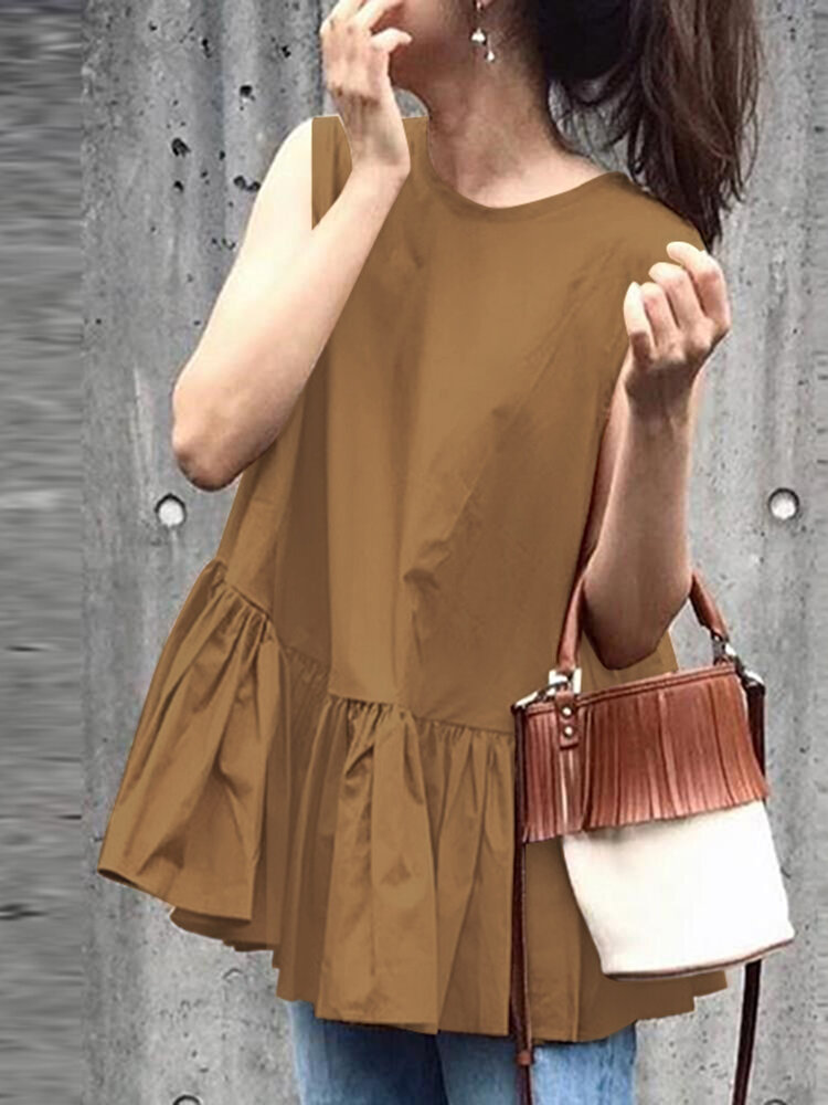 Women Solid Color Round Neck Ruffle Hem Casual Sleeveless Blouses