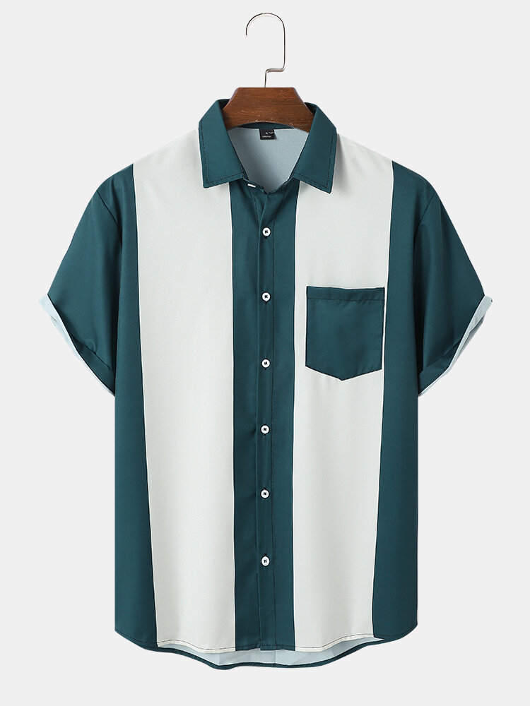 Men Contrast Colorblock Single Pocket Skin-friendly Soft Comfy Shirts